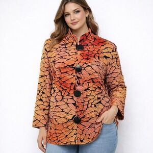 Berek Textured Abstract Mandarin Collar Jacket L Orange Lagenlook Artsy Eclectic